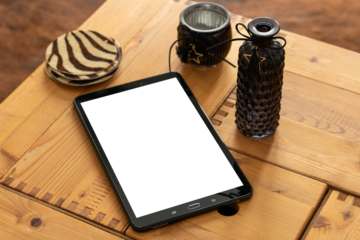 Tablet vector with blank screen isolated / Generic tablet Mockup on table / Isolated Tablet / Smartphone / Isolated Phone with Decor / Isolated Screen / PNG / Advertising / Transparent / Mock up