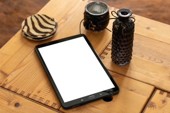 Tablet vector with blank screen isolated / Generic tablet Mockup on table  / Isolated Tablet / Smartphone / Isolated Phone with Decor / Isolated Screen / PNG / Advertising / Transparent / Mock up - Powered by Adobe