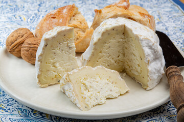 Cheese collection, soft cow French cheese with mold Gaperon artisanal lavored with cracked peppercorns and garlic produced in Auvergne