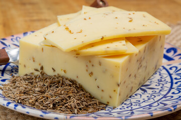 Cheese collection, piece of cow milk Dutch gouda cheese with dried aromatic cumin seeds close up