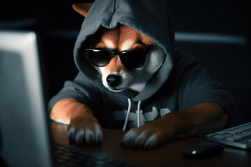 Cute Shiba Inu wearing a hoodie and glasses, posing as a computer geek or hacker. Perfect for AI generative art projects.