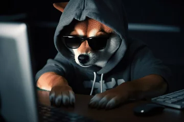 Fotobehang Cute Shiba Inu wearing a hoodie and glasses, posing as a computer geek or hacker. Perfect for AI generative art projects. © Friedbert