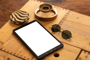 Tablet Mock up / vector with blank screen isolated / Generic tablet Mockup on table / Isolated Tablet / Smartphone / Isolated Phone with Decor / Isolated Screen / PNG / Advertising / Transparent