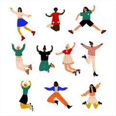 Happy Woman Jumping with Joy and Excitement Feeling Energy and Celebrating Something Vector Set