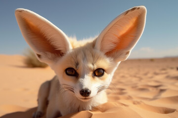 beautiful fennec fox in the desert looking at the camera. - obrazy, fototapety, plakaty