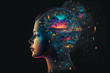 Obraz premium An image represents a head with symbols and holographic forms to visualize complex emotions. Style: futuristic, technological, bright colors and neon. Generative AI