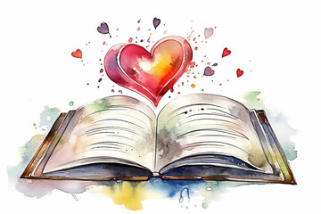 Watercolor illustration of opened book with heart-shaped pages. love concept. Generative AI