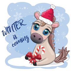 Cute horse, pony in Santa's hat with candy kane, Christmas ball, gift, ice skating. Winter is coming