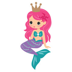 Cute sitting sea princess mermaid vector cartoon illustration