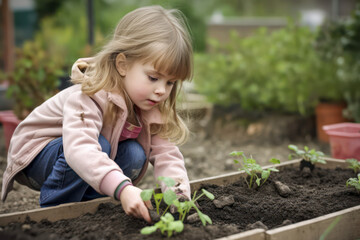Young girl planting plants in the garden. Generative AI.