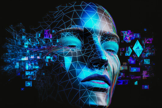 A head represented by symbols and holographic forms. Translates a futuristic and technological with bright colors and neon. Generative AI