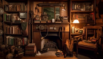 Fotobehang Antique literature collection on old fashioned wooden bookshelf generated by AI © Jeronimo Ramos