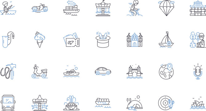 Sightseeing tour line icons collection. Landmarks, Monuments, Architecture, History, Culture, Adventure, Exploration vector and linear illustration. Views,Landscapes,Highlights outline signs set