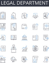 Fototapeta na wymiar Legal department line icons collection. Marketing team, Research division, Finance department, Human resources, Sales staff, Customer service, Production unit vector and linear illustration. Executive