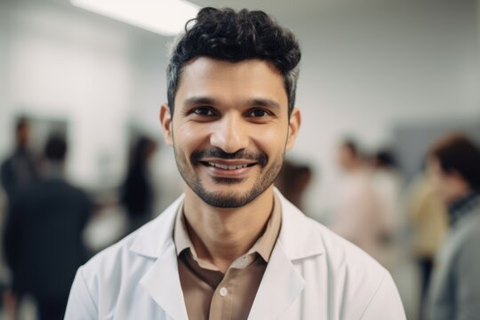 Medium shot portrait photography of a grinning indian doctor in his 30s wearing a scrub or lab coat with patients of various ages genders and ethnicities. Generative AI