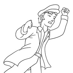 Young man with trenchcoat, beret and raised fist protesting in outlines, Vector illustration