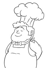 Happy chubby chef with apron, cap and kerchief in outlines, Vector illustration