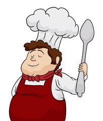 Chubby chef in red and white clothes holding a large spoon, Vector illustration
