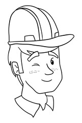Face of winking worker with freckles and helmet in outlines, Vector illustration
