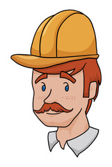Red-haired workman face with mustache and hard hat, Vector illustration