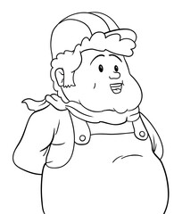 Chubby worker with bib overalls, hard hat and kerchief in outlines, Vector illustration