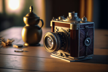 Illustration representing a vintage camera on a wooden table. The atmosphere is antique and nostalgic with warm and muted colors. Generative AI