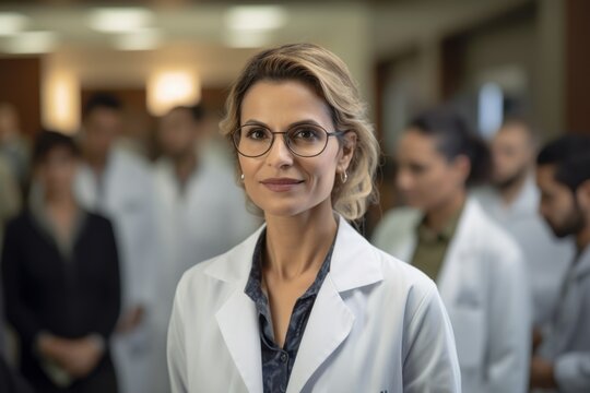 Environmental portrait photography of a pleased doctor in her 40s wearing a scrub or lab coat against a background of professionals and patients. Generative AI