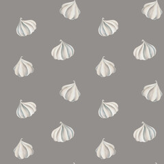 Watercolor seamless pattern with meringues. Hand painting sweet on a white isolated background. For designers, menu, shop, polygraphy,bar, bistro, restaurant, for postcards, wrapping paper, covers