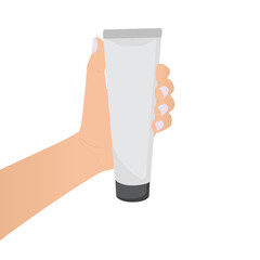 Female Hand Holding Cosmetic Tube, Isolated on White Background. Flat Vector Illustration