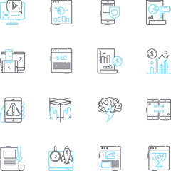 Product experience linear icons set. Satisfaction, Usability, Interaction, Navigation, Engagement, Excitement, Accessibility line vector and concept signs. Responsiveness,Clarity,Simplicity outline