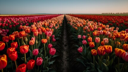field of blooming tulips with roses