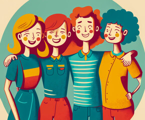 Group of colleagues standing together, smiling and embracing each other. Simple and colorful, conveying warmth and positivity. Generative AI