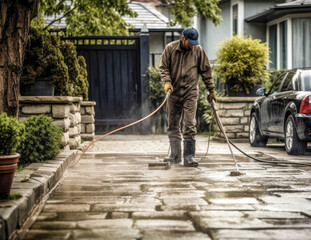 A man pressure washing a driveway, high quality generative ai