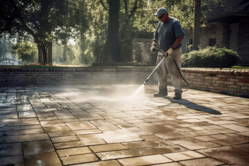 A man pressure washing a driveway, high quality generative ai