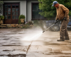 A man pressure washing a driveway, high quality generative ai