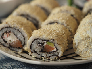 Sushi, rolls with salmon at home.
