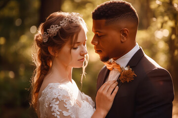 Interracial couple wedding portrait. Generative AI