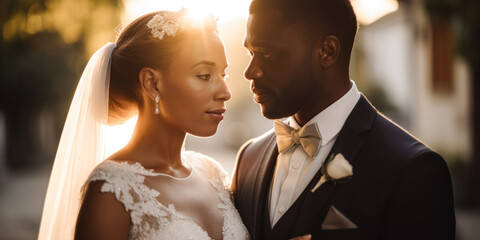Black couple wedding portrait, wide. Generative AI