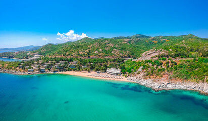 Aerial view of Tosca beach and blue water near Kavala, Greece, Europe