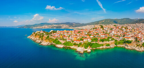 Aerial view of old town and sea in Kavala, Macedonia, Greece, Europe - obrazy, fototapety, plakaty