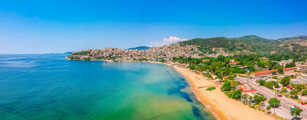 Beach and sea in Kavala, Greece, Europe. Sand beach and clear water