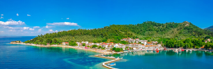 Fototapeta na wymiar Aerial view beach and bay in Limenas, Thassos island, Greece, Europe