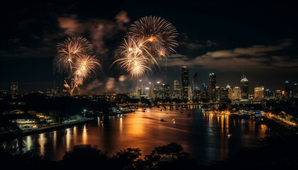 Fireworks over the illuminated Vancouver city skyline generated by AI