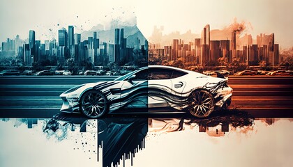 Obraz na płótnie Canvas Luxury sport car and urban area double exposure wallpaper. Generative AI