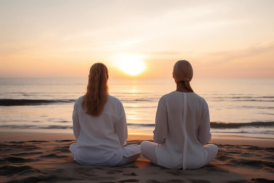 Two women sitting and meditating together in the evening on the sand on the beach and admiring the sunset. AI generated