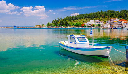 Naklejka na ściany i meble Sea, traditional Greek boat in Limenas, Thassos island, Greece, Europe