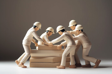 Obraz premium Small construction worker toys working together as a team to build something. The men portrayed are wearing safety helmets. The manual labor concept of teamwork. generative AI