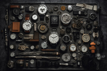 Collection of clocks and watches. Overhead view of flat lay assortment. generative AI