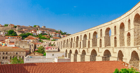 Fototapeta premium Old town, castle and aqueduct in Kavala, Greece, Europe in summer