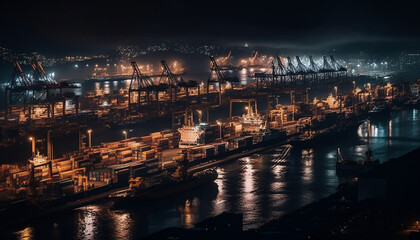 Fototapeta na wymiar Nightfall illuminates the industry at the waterfront generated by AI